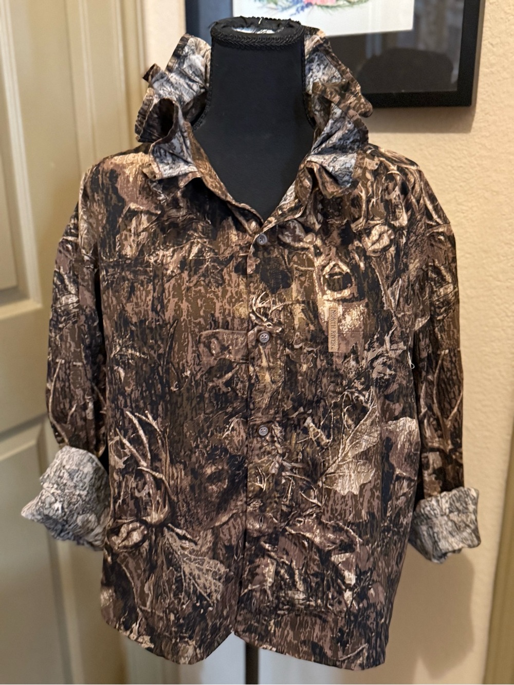 Upcycled Camouflage Button-Up Shirt- Brown/Black